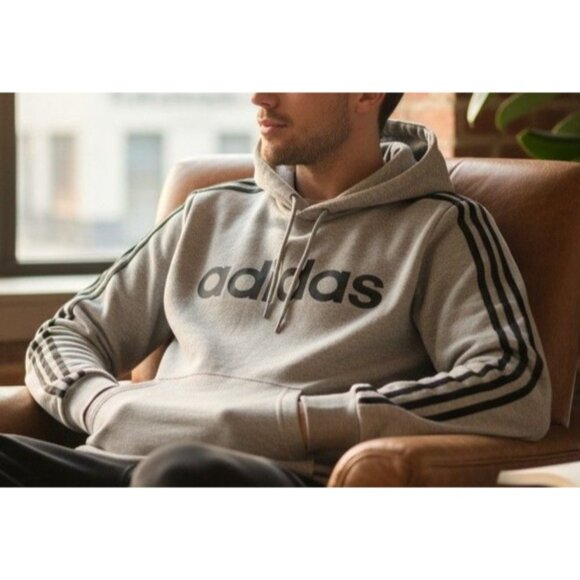 Adidas Mens Small Gray Hoodie Sweatshirt With Logo & Stripes - Picture 2 of 8